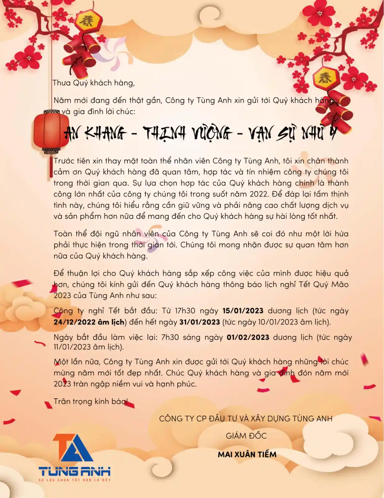 Thông báo nghỉ Tết Quý Mão 2023 - GIÀN GIÁO XÂY DỰNG TÙNG ANH